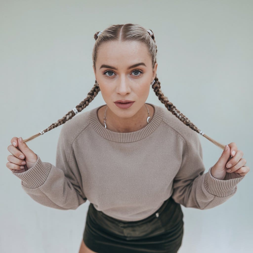 Braided Pigtails with Metallic Hair Ties