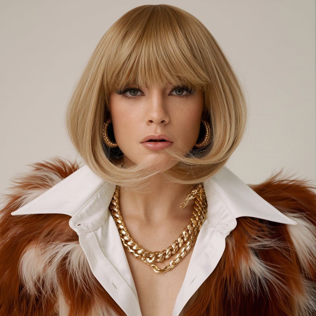 Jaw Length Bob with Feathered Curtain Bangs