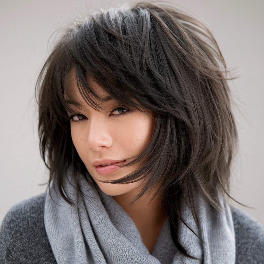 Chic Black Beauty with Wispy Bangs