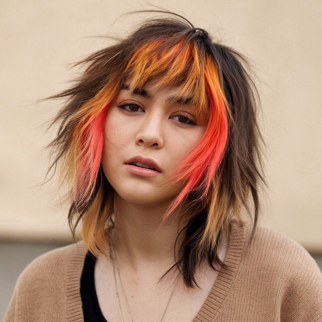 Shaggy Layers with Bright Orange Bangs