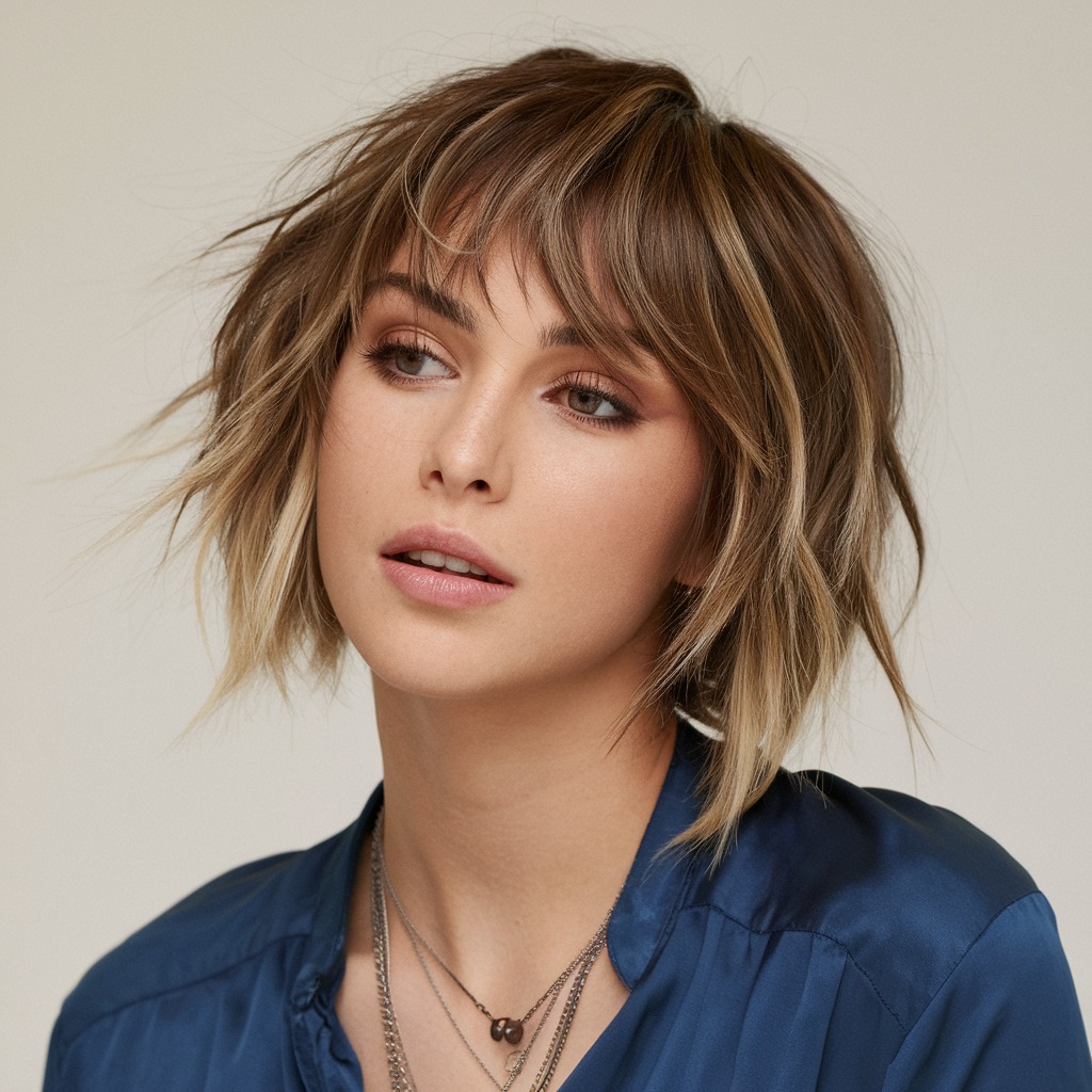 Short Brown Wolf Cut with Fringed Bangs