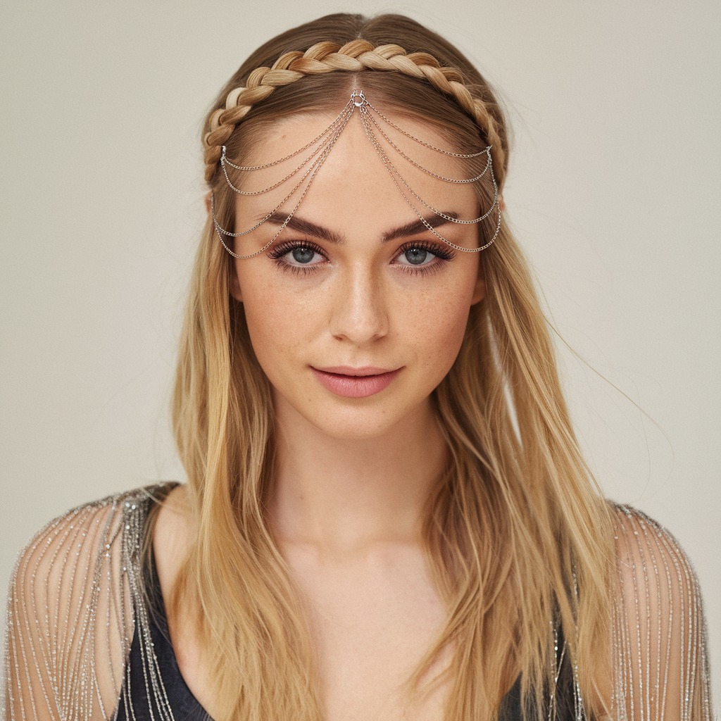 Braided Headband with Silver Chains