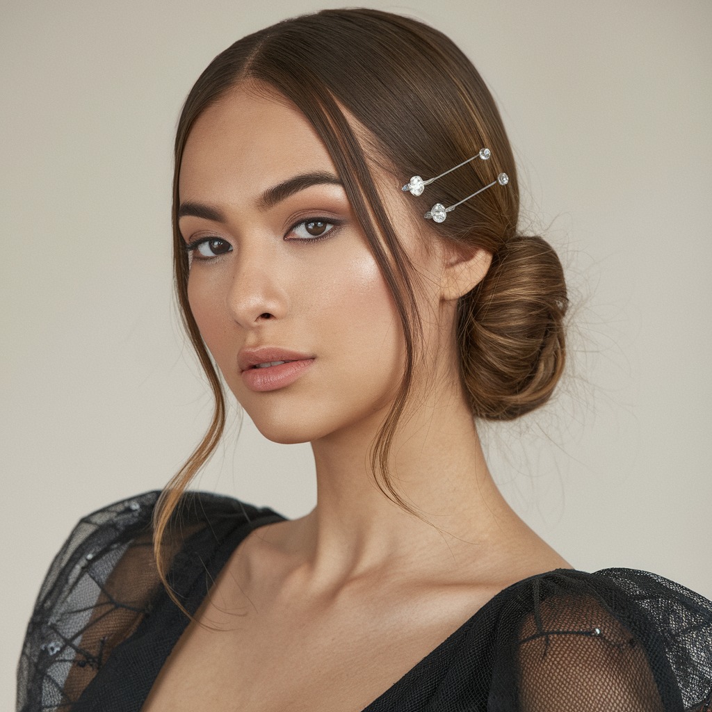 Middle-Parted Low Bun with Crystal Pins