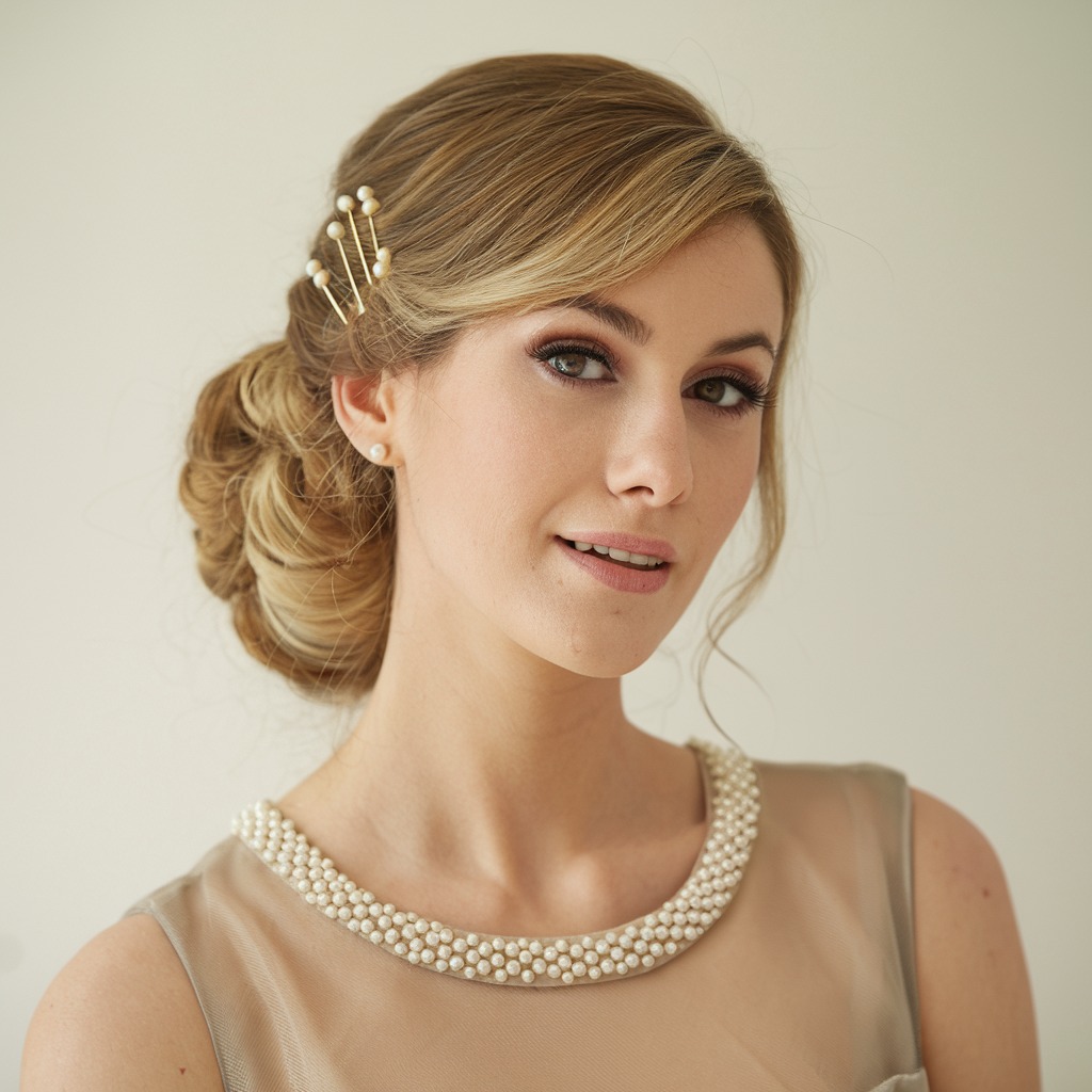 Soft Chignon with Side Bangs and Pearl Pins