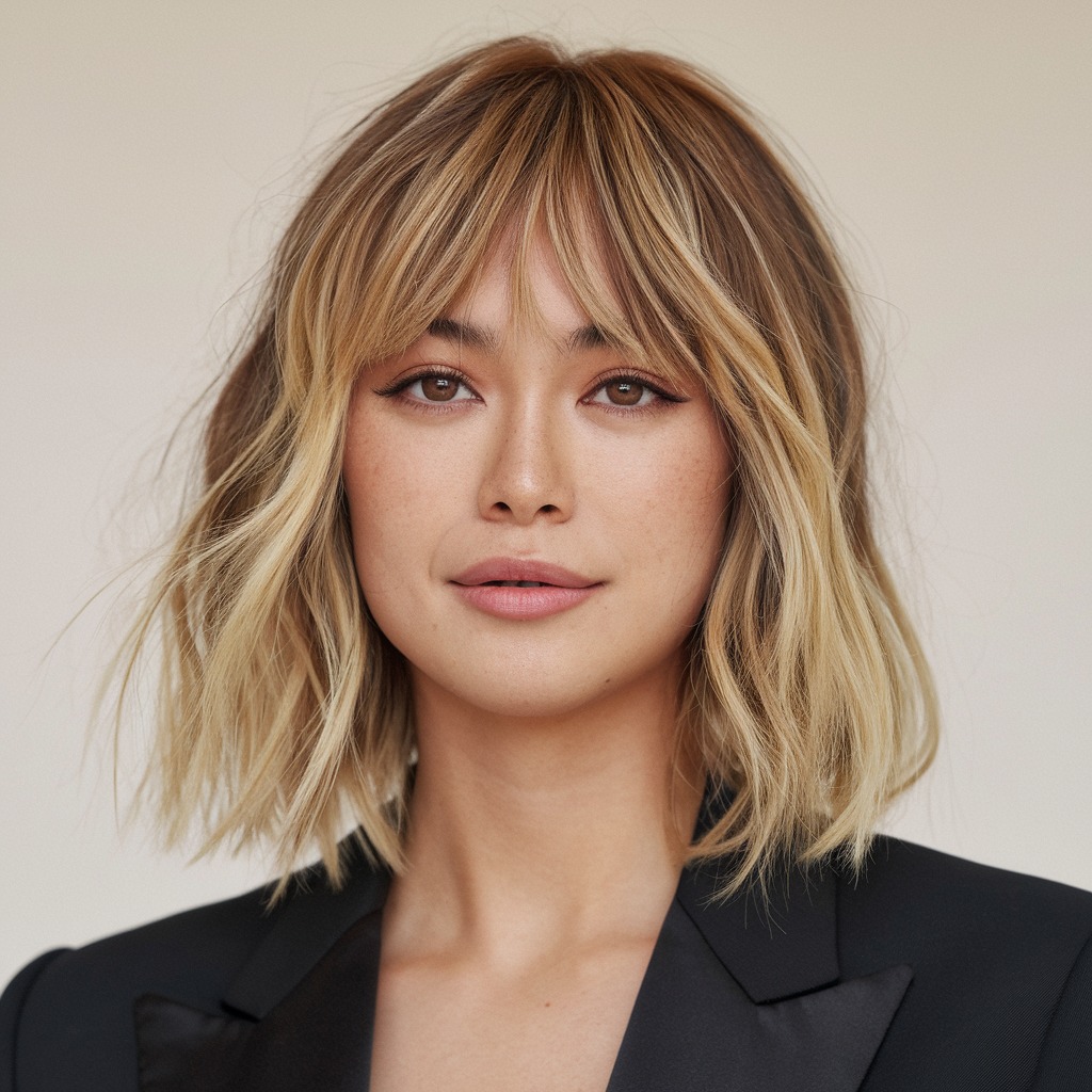 Textured Bob with Messy Waves and Curtain Bangs