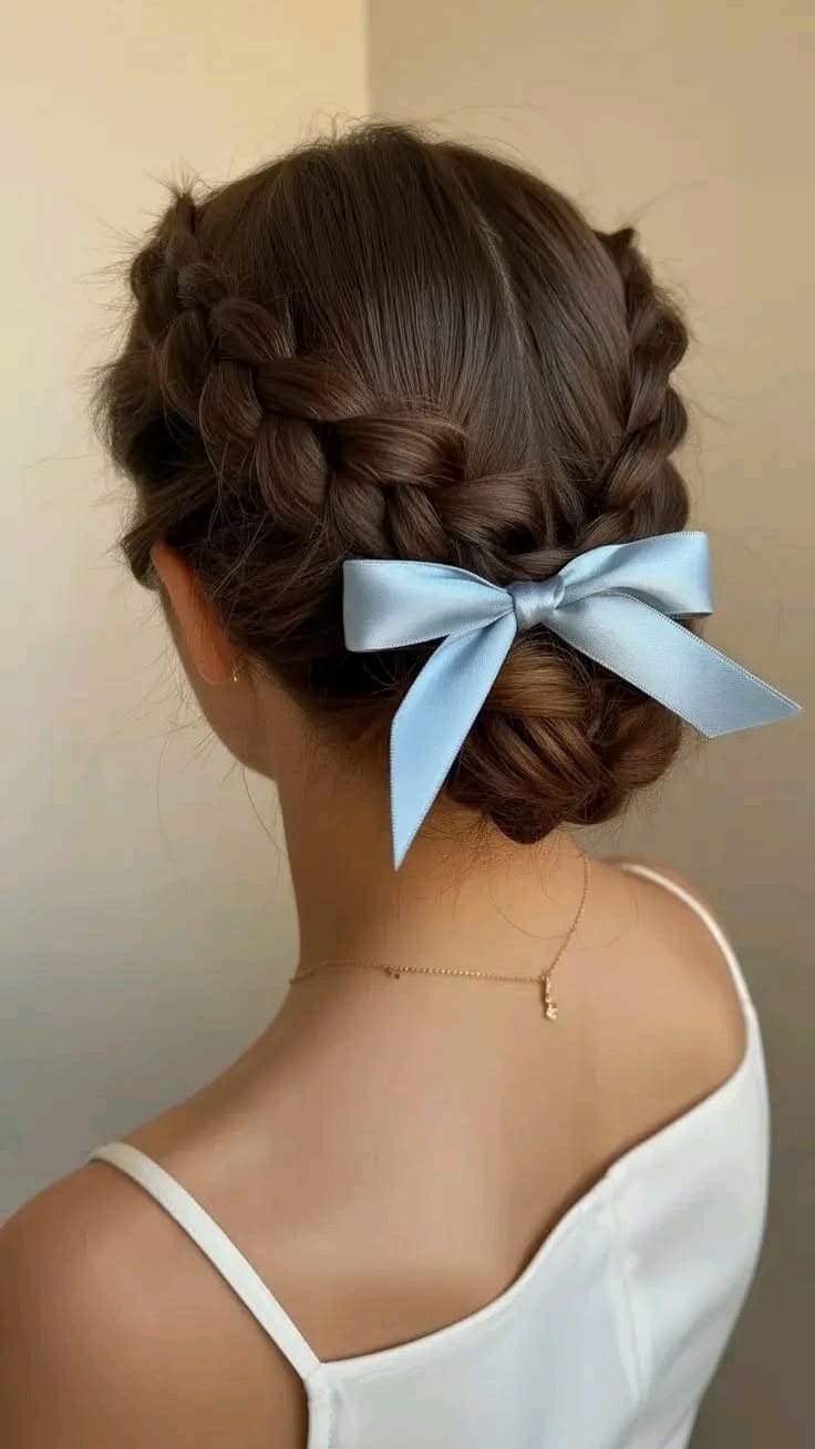 Braided Crown Low Bun with Blue Bow