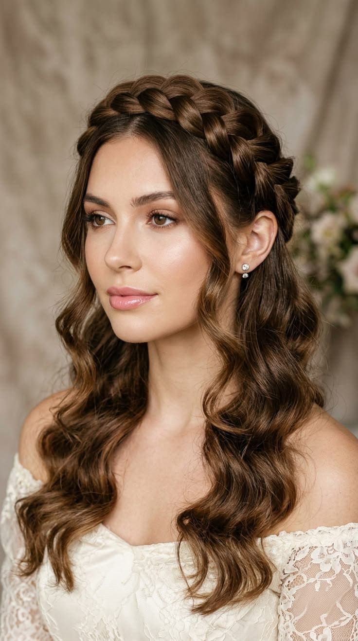 Classic Thick Braided Crown with Loose Curls