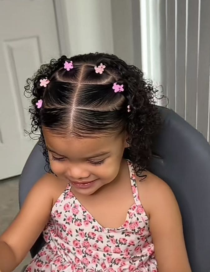 Curly Pigtails with Pink Flower Clips