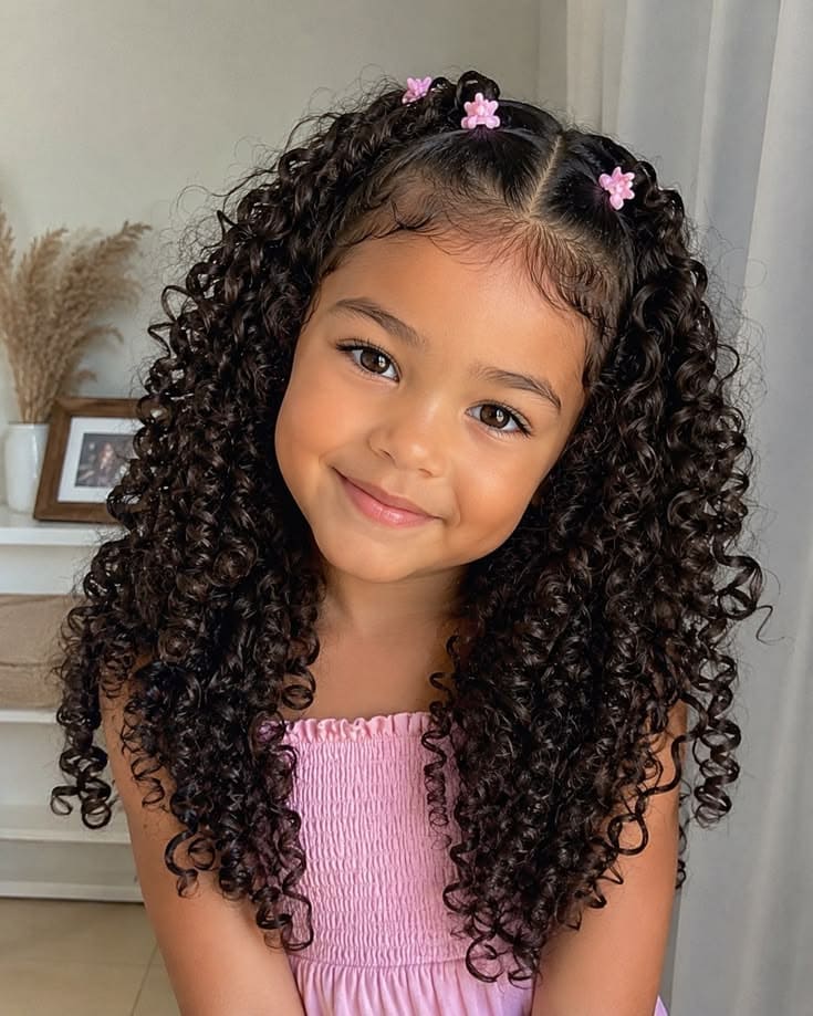 Defined Curly Pigtails with Flower Clips