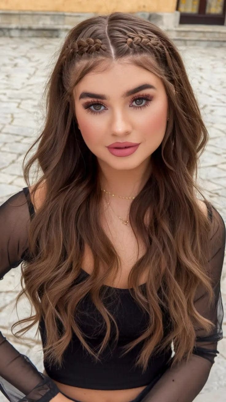 Double Mini Crown Braids with Loose Waves
