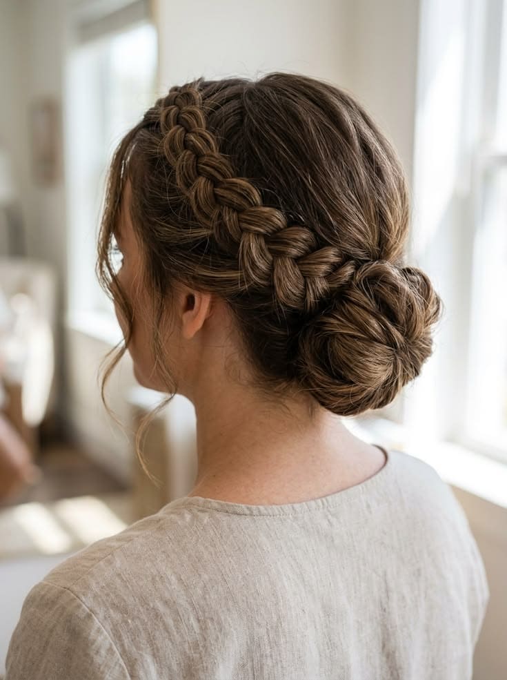 Dutch Crown Braid with Low Textured Bun