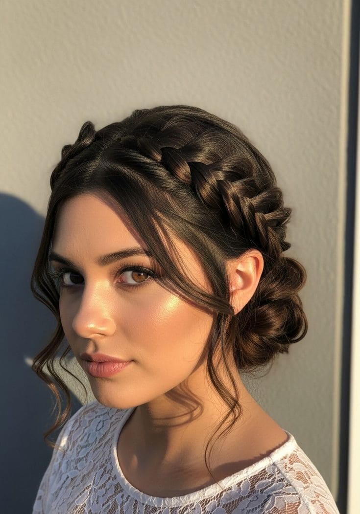Full Crown Braid with Romantic Low Bun