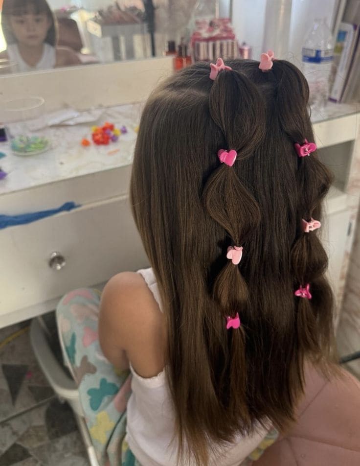 Half-Up Bubble Ponytails with Pink Clips