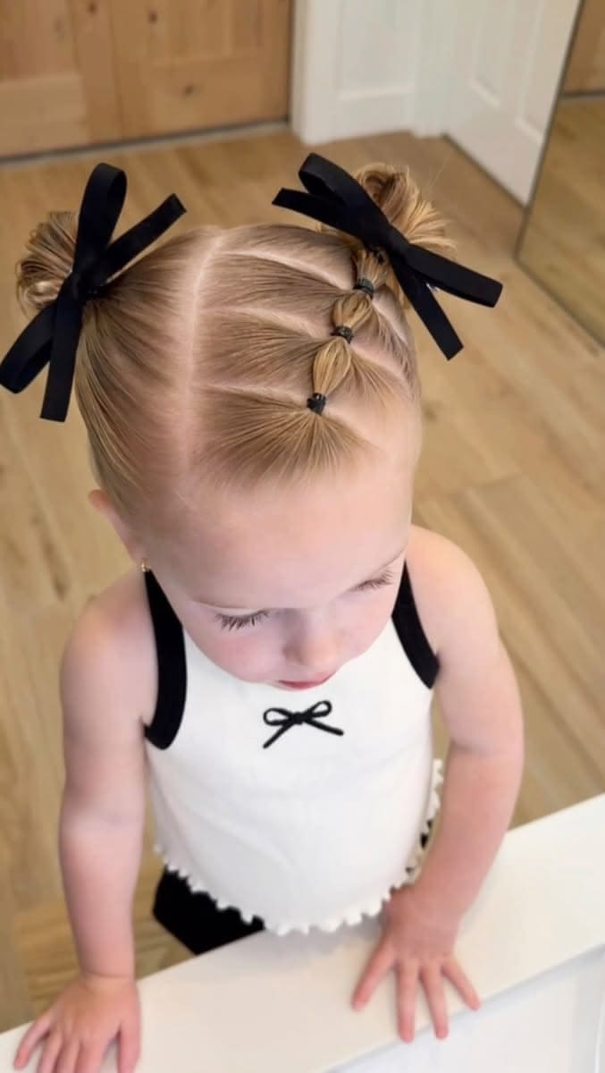 Mini Bubble Pigtails with Black Ribbon Bows