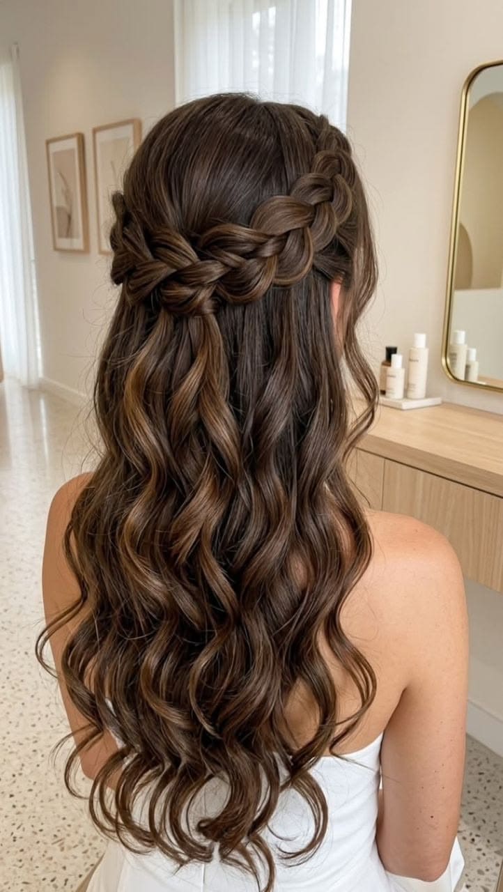 Voluminous Half-Up Braided Crown with Waves