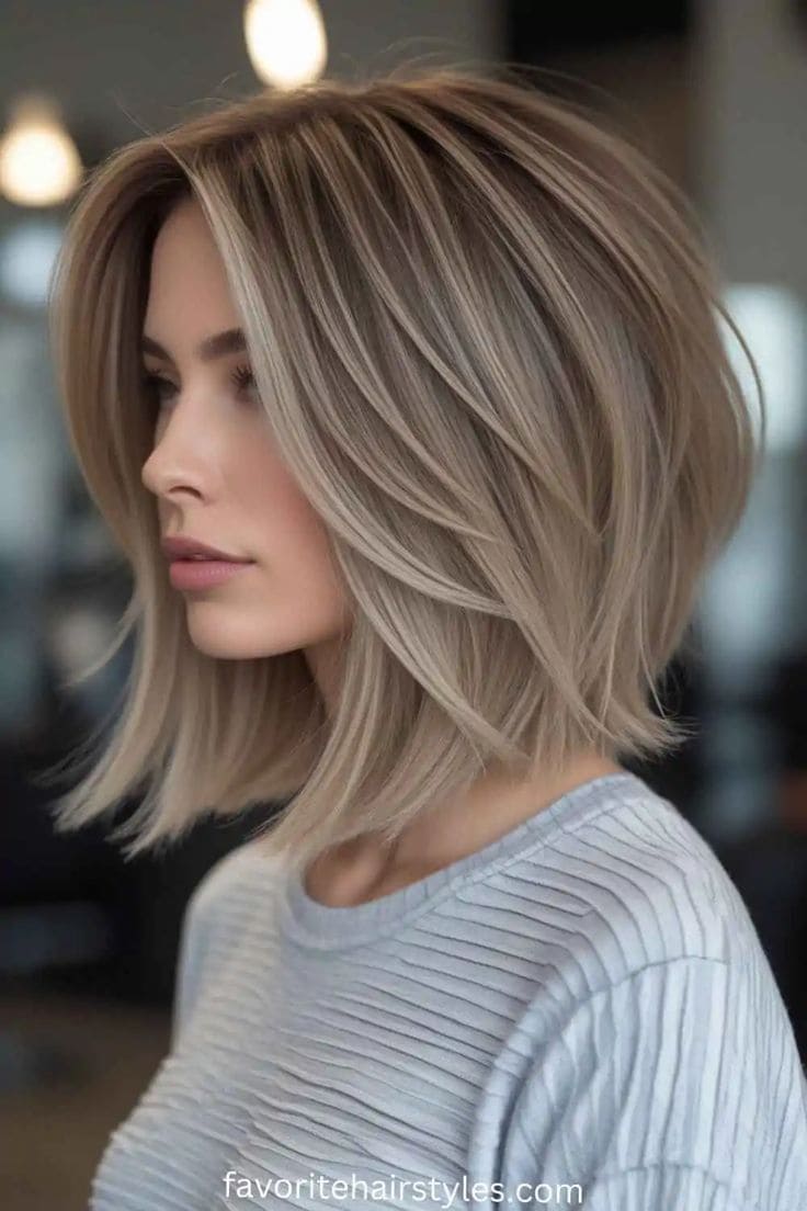 Blonde Layered Lob with Curtain Bangs