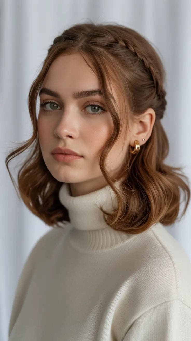 Braided Half-Up Wavy Lob Hairstyle