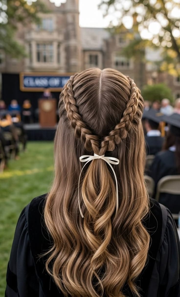 Half-Up Double Dutch Braids with Ribbon